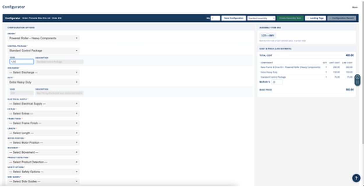 The configurator screen with options on the left and the generated assembly item SKU and live cost and price estimate on the right