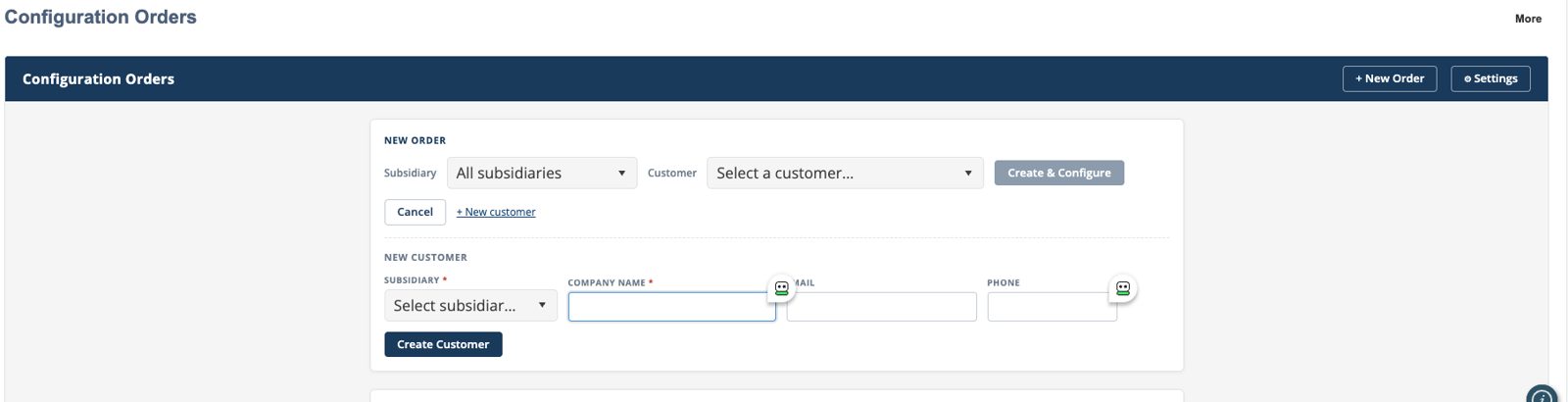Creating a new configuration order in NetSuite, with the option to add a new customer