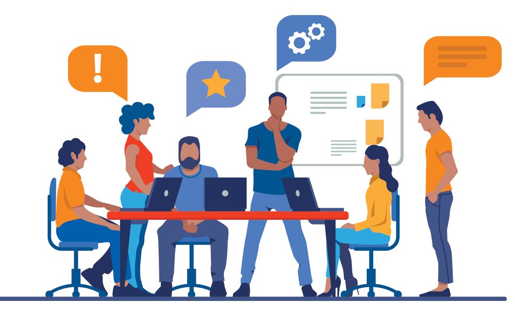 Illustration of a support team working together to resolve an issue