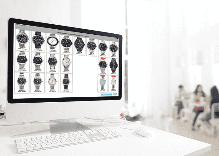 Webstore product listing displayed on a desktop monitor