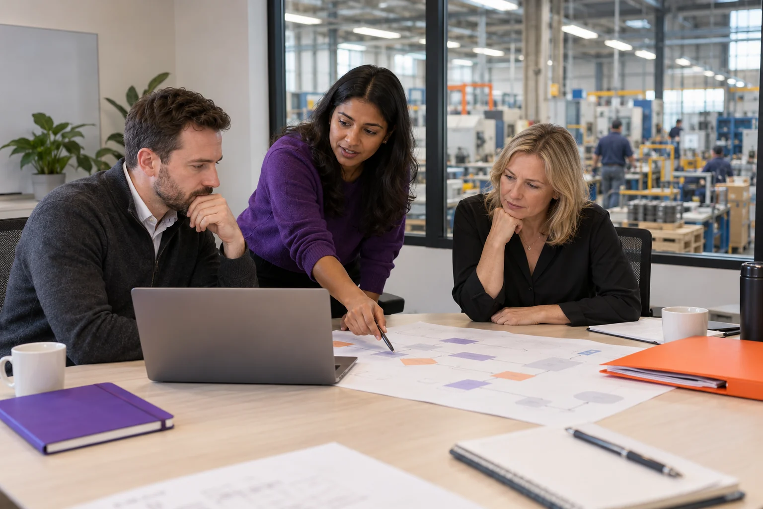 Three colleagues compare ERP requirements at a table overlooking a manufacturing floor.