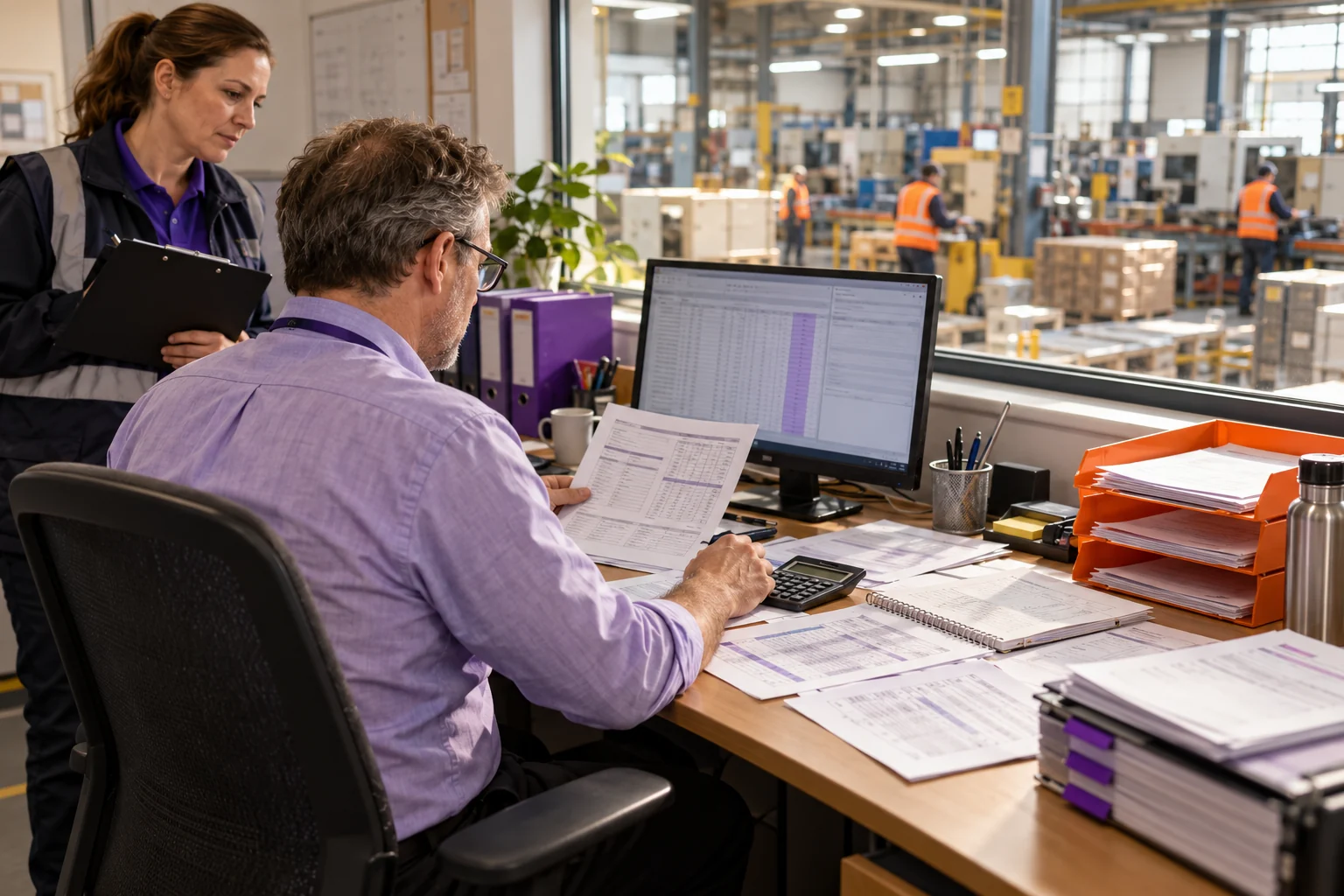 An operations manager checks paper worksheets against a desktop system while a colleague waits.