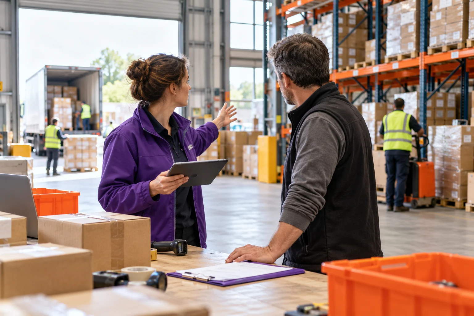 Two warehouse colleagues review incoming goods using a tablet, surrounded by purple and orange accents.
