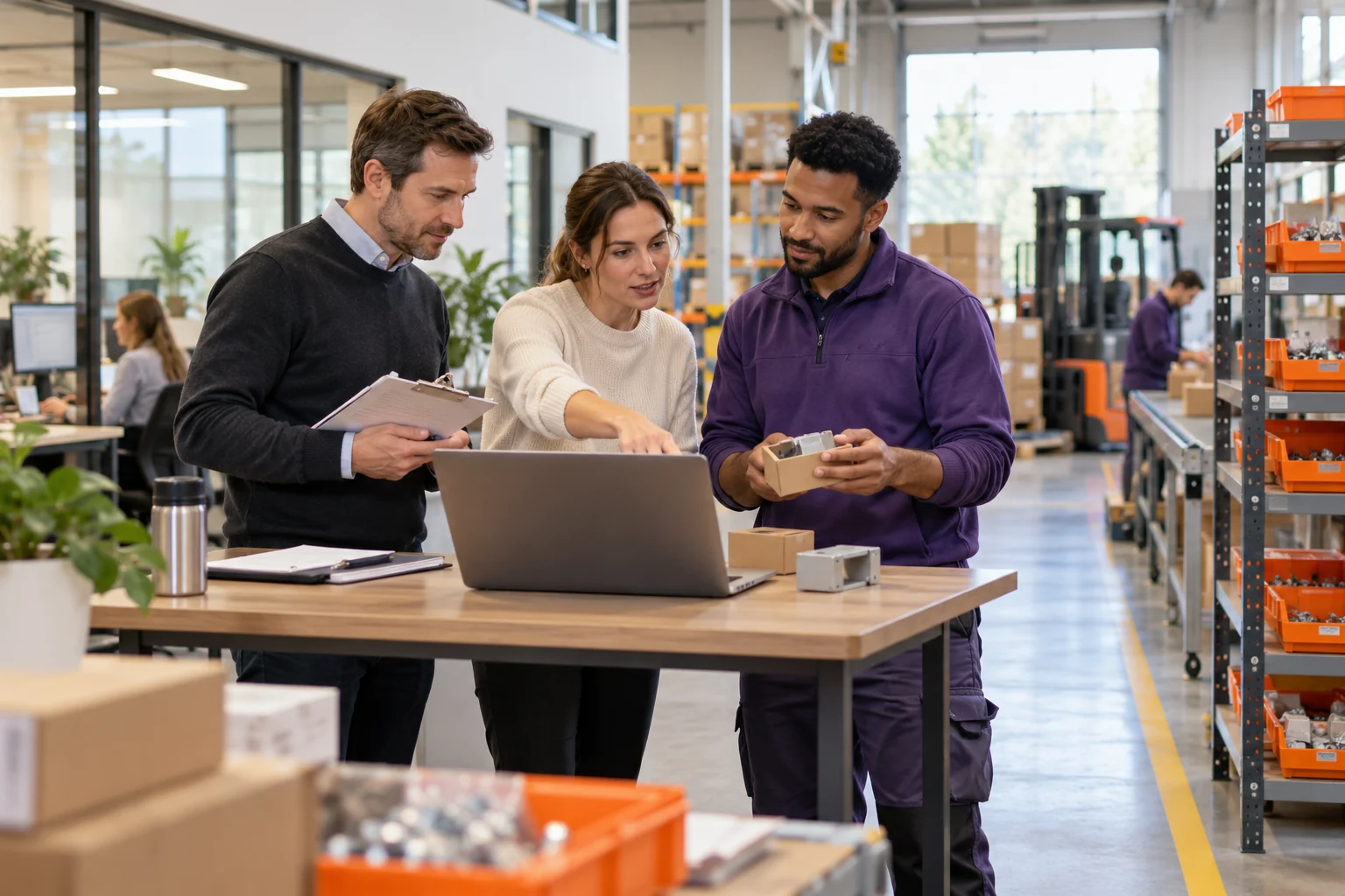 Finance and operations colleagues discuss a component and shared business information beside a warehouse.
