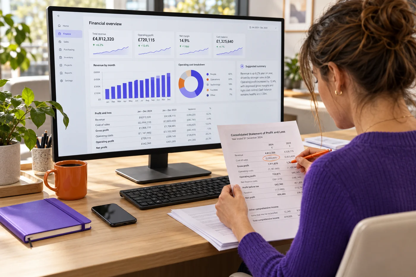 A finance colleague checks an AI-assisted financial summary against a printed report. Screen content is illustrative.