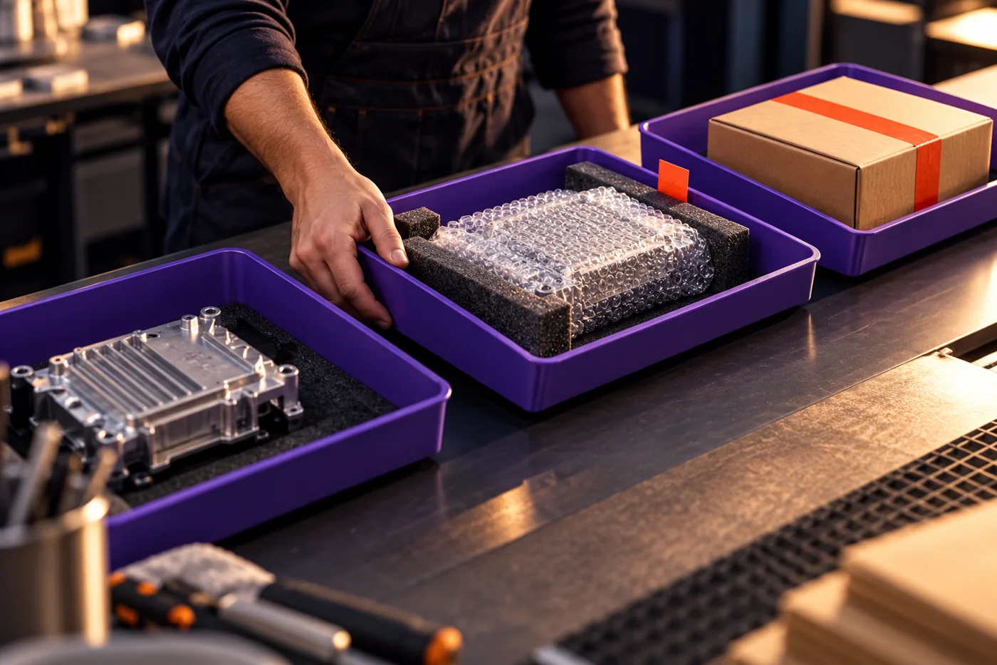 A component moves through preparation, protective packing and dispatch.