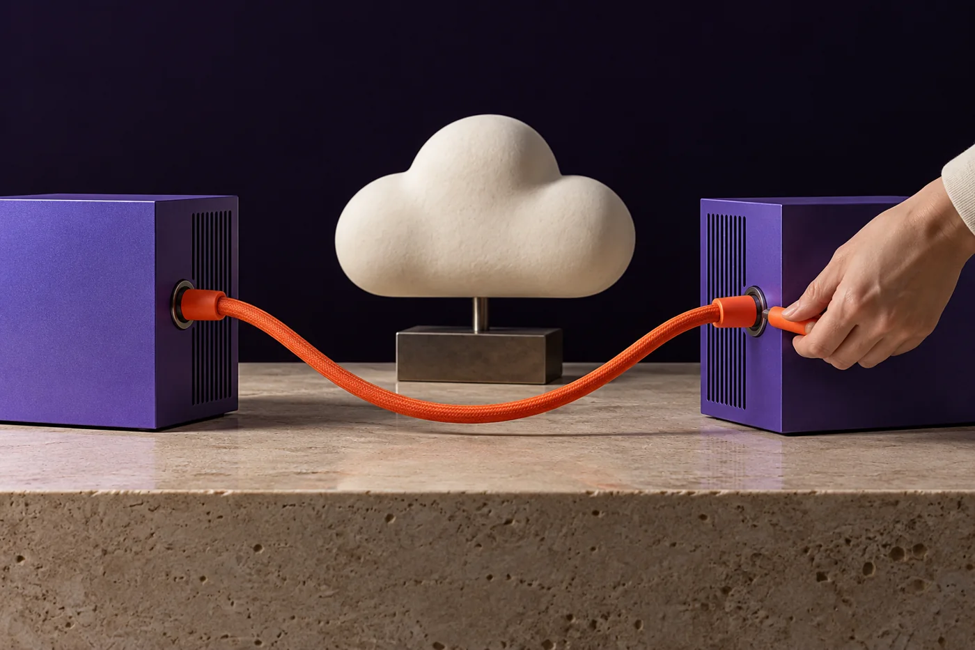 Conceptual cloud connection: two violet modules joined by an orange cable.
