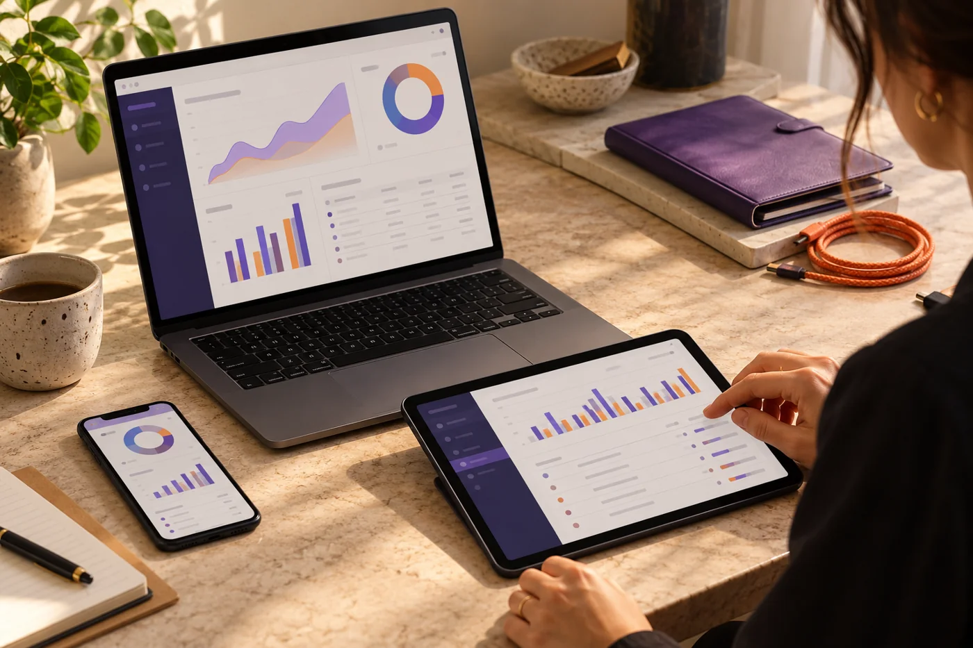 A person uses connected business applications across laptop, tablet and phone; screens are illustrative.