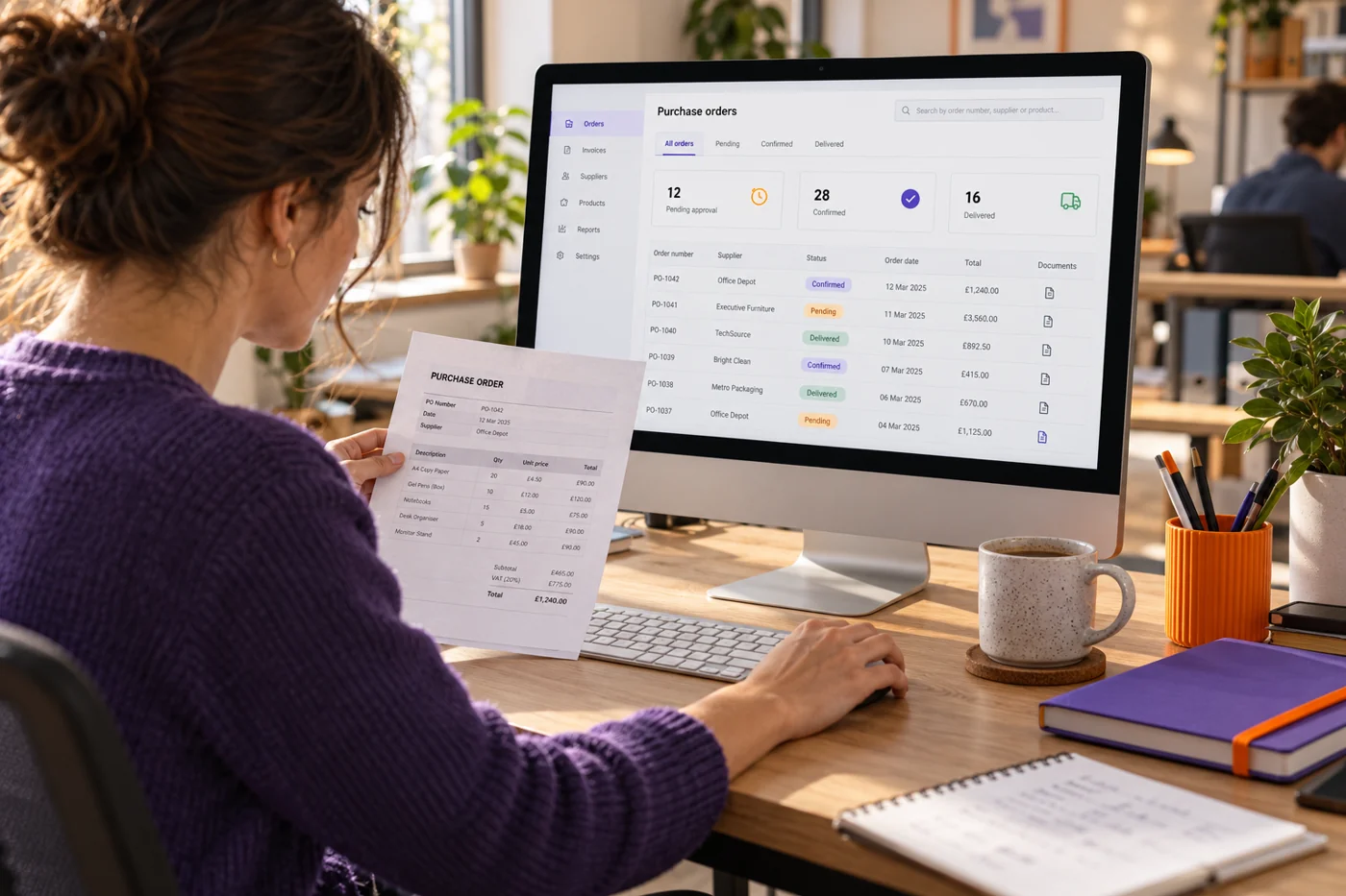 A purchasing colleague compares a paper order with an illustrative customer portal.