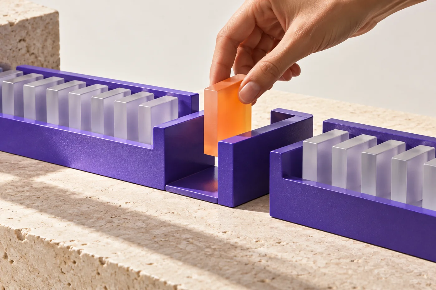 Frosted tokens pass through violet channels, illustrating a structured data pipeline.