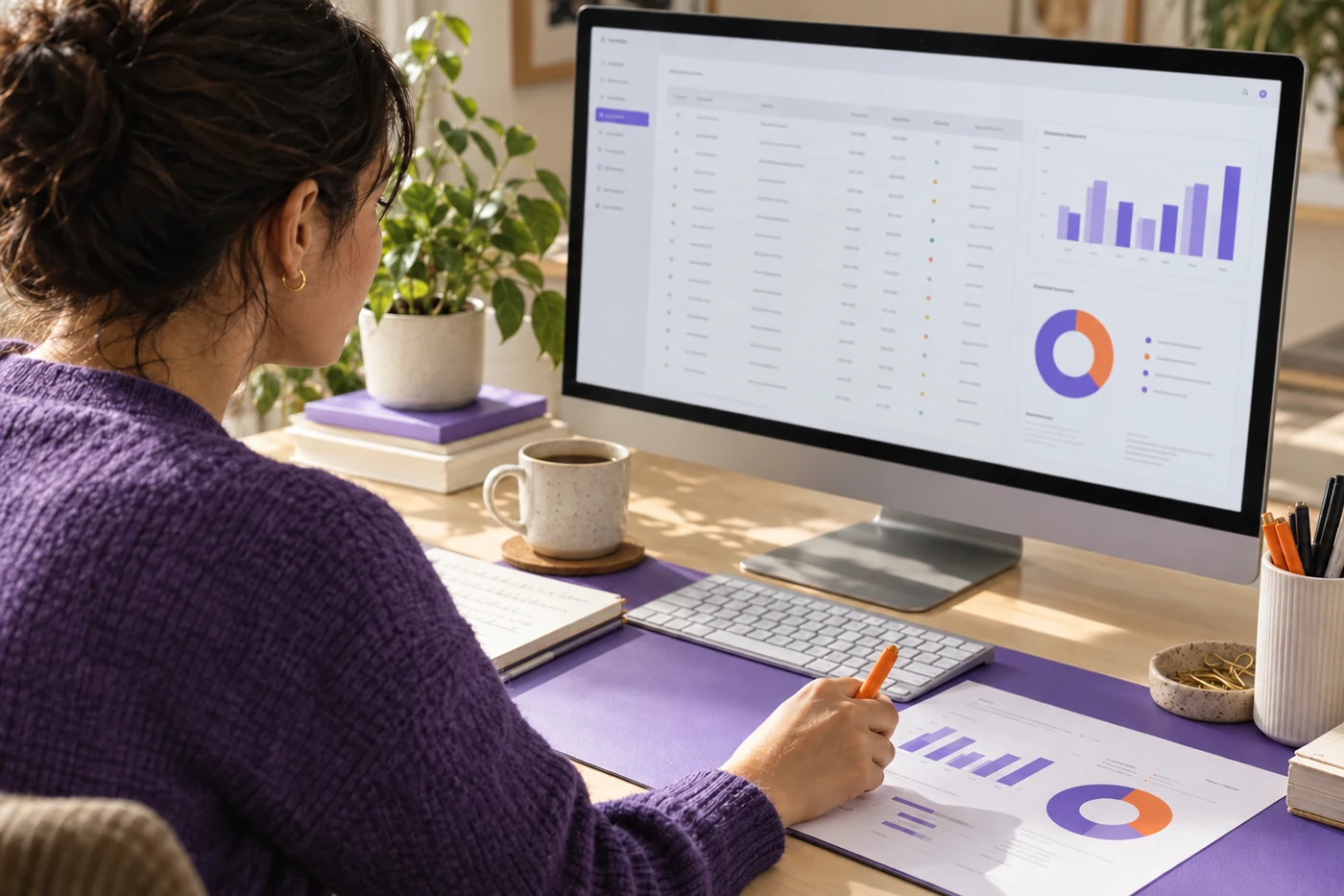An analyst compares records and charts with a printed report; screen content is illustrative.