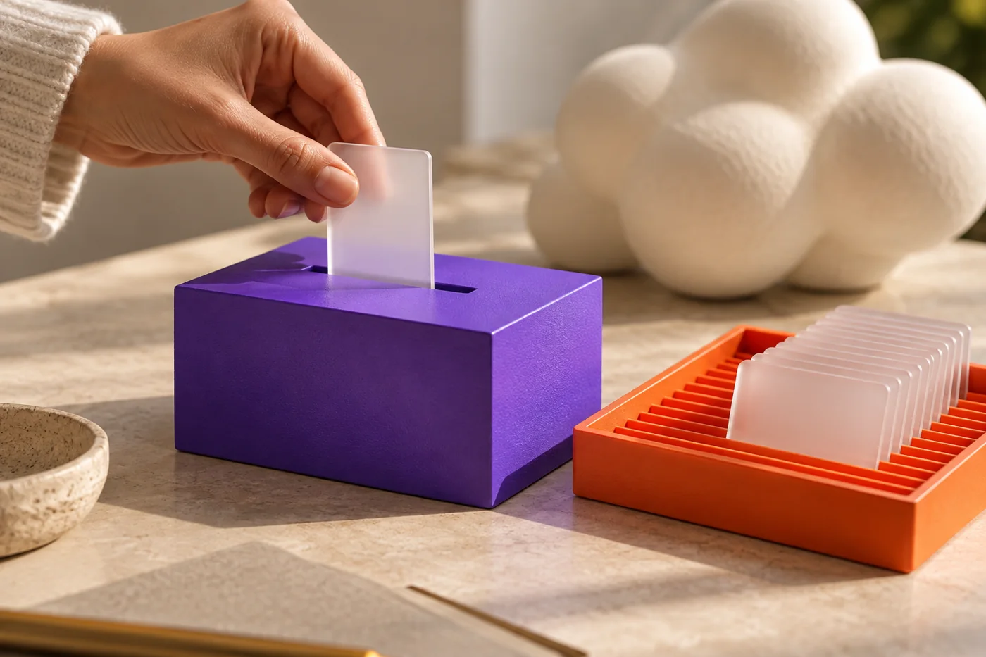 A hand inserts a frosted token into a violet module beside an orange tray, illustrating a data upload.