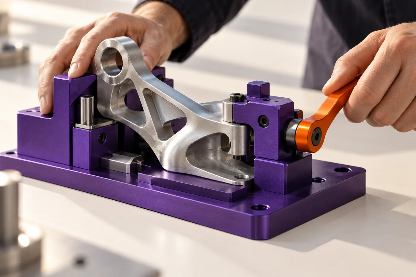 A tailored fixture holds a complex component securely: an illustration of designing around the task.