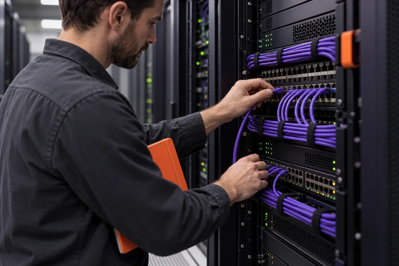 A technician checks organised violet network cabling in a server room.