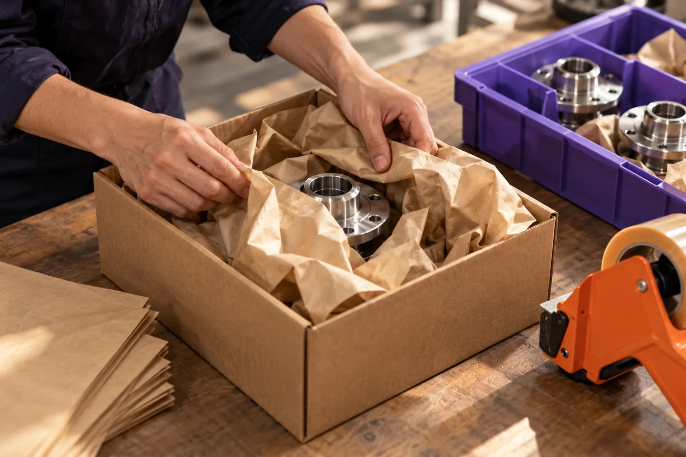 A worker protects a component with paper before dispatch.