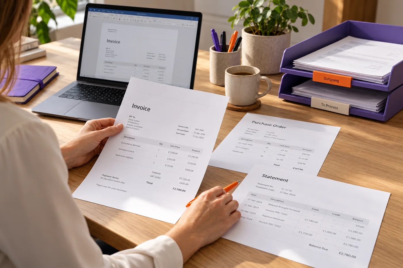 A finance colleague prepares business documents.