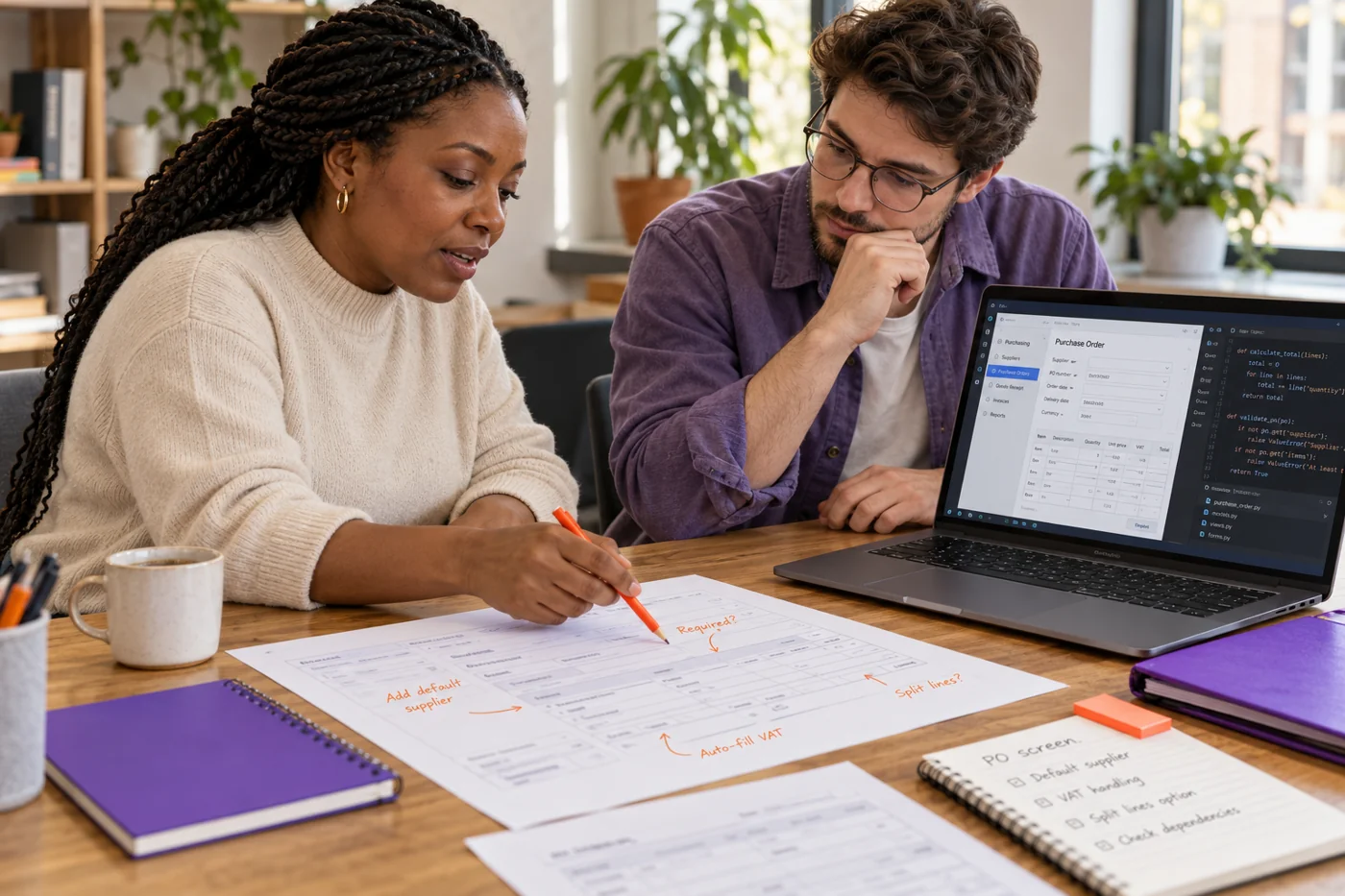 A developer and business user discuss an application design; screen content is illustrative.