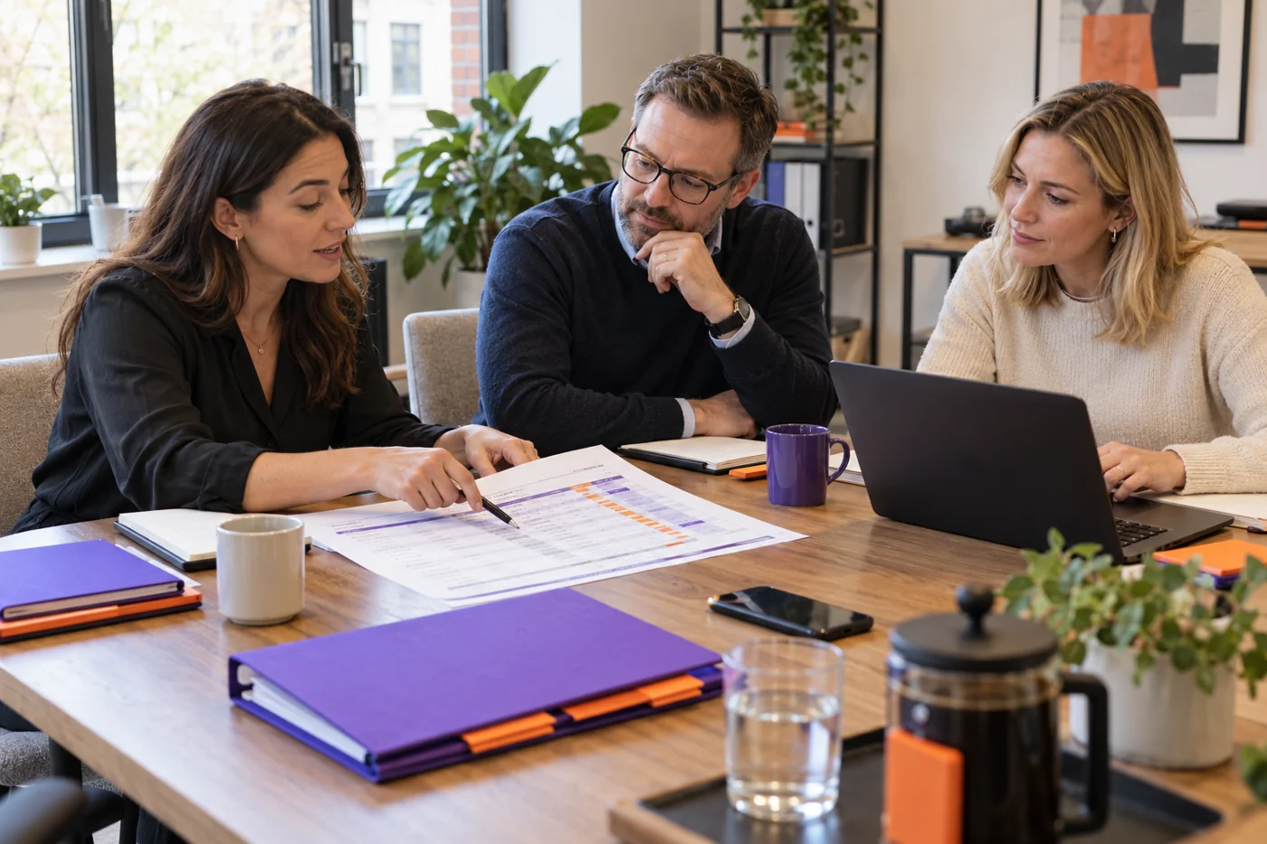 Three colleagues discuss ERP requirements around a table with violet folders and orange tabs.