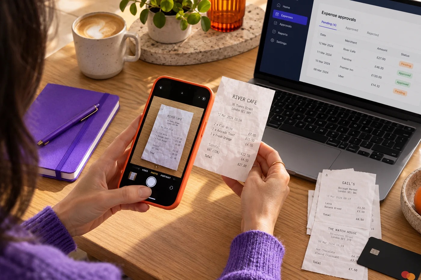 A person photographs a receipt with an orange-cased phone beside an illustrative expense approval screen.