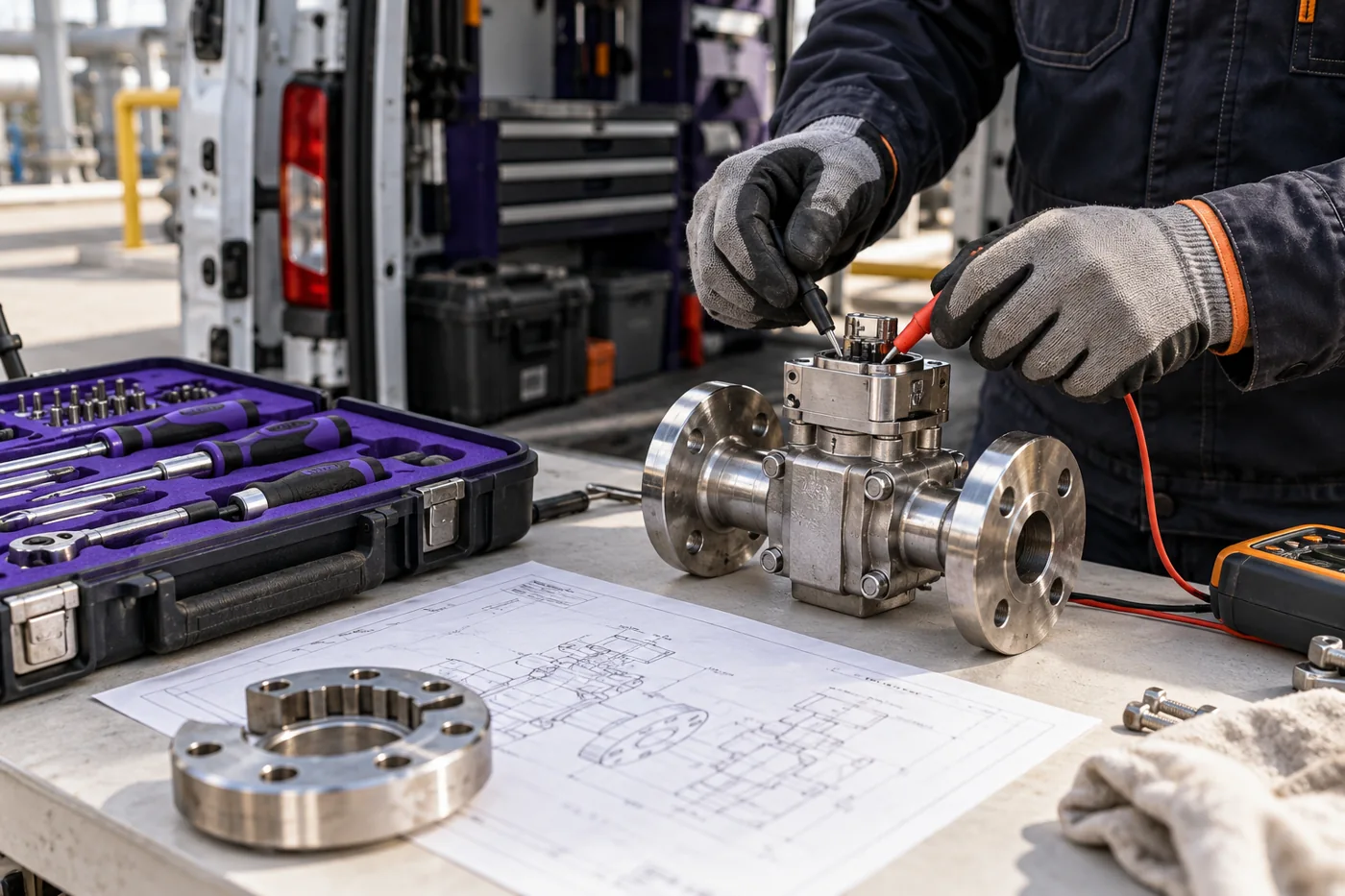 An engineer tests a disconnected valve assembly beside a service van.
