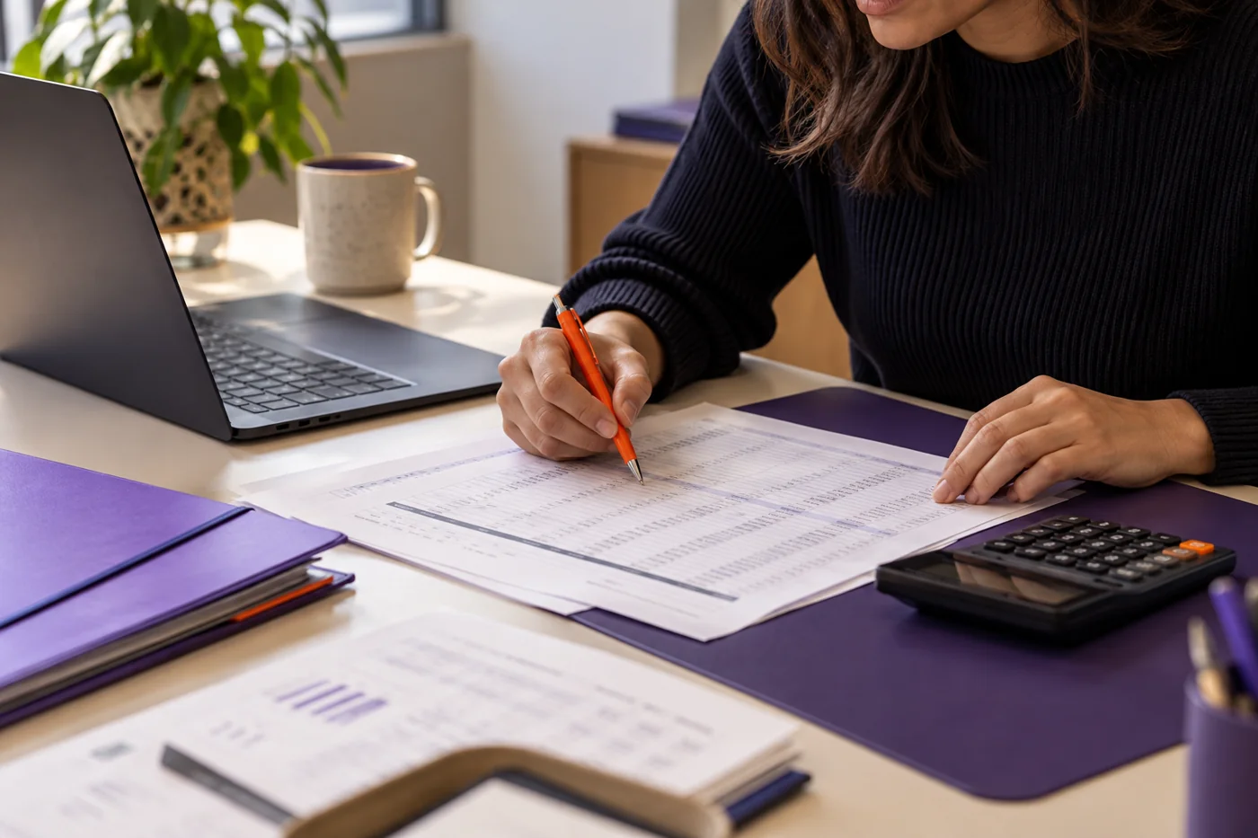 A finance professional reconciles figures at a desk.