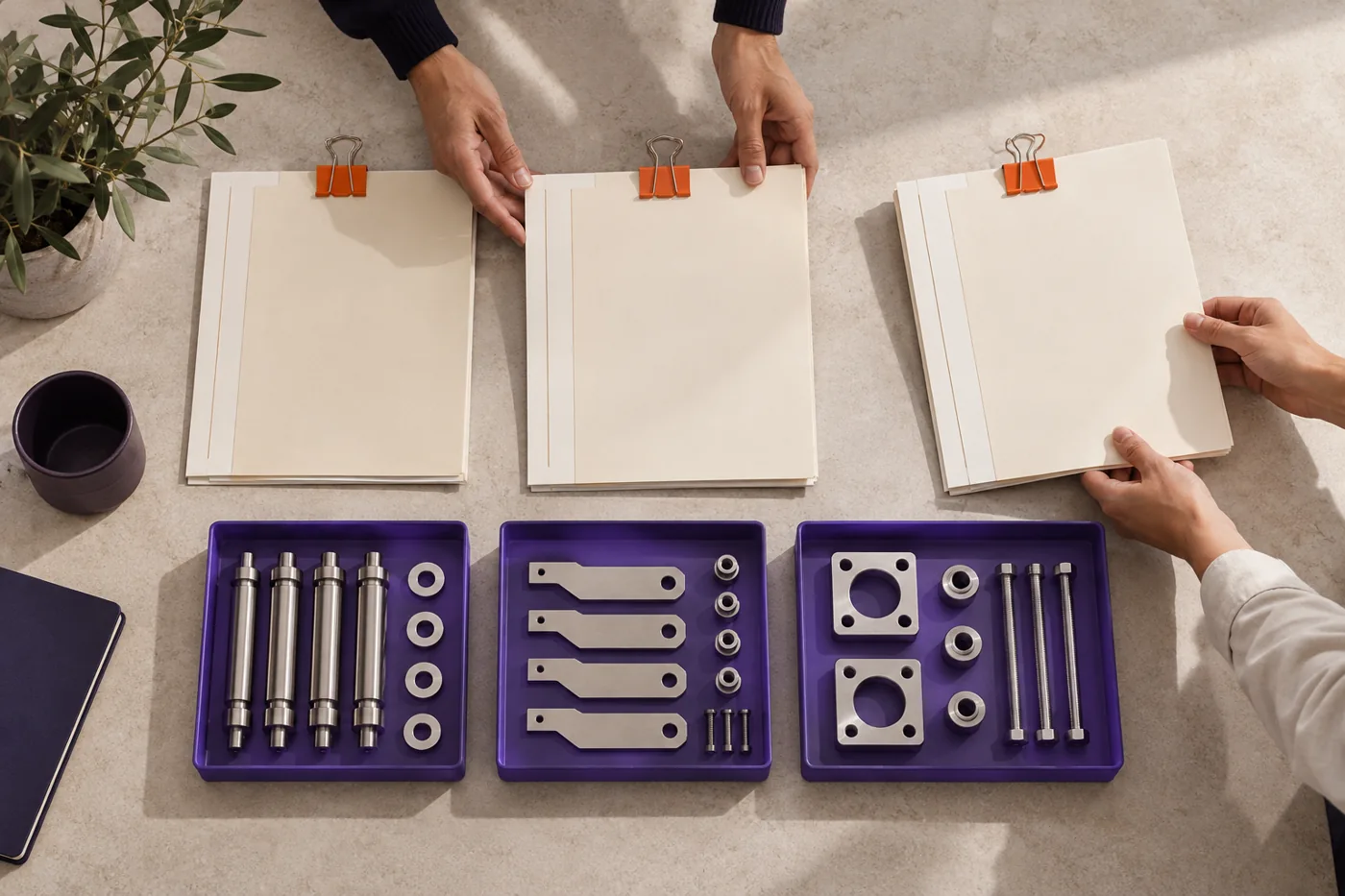 Colleagues arrange work packs and component trays for a planned handover.