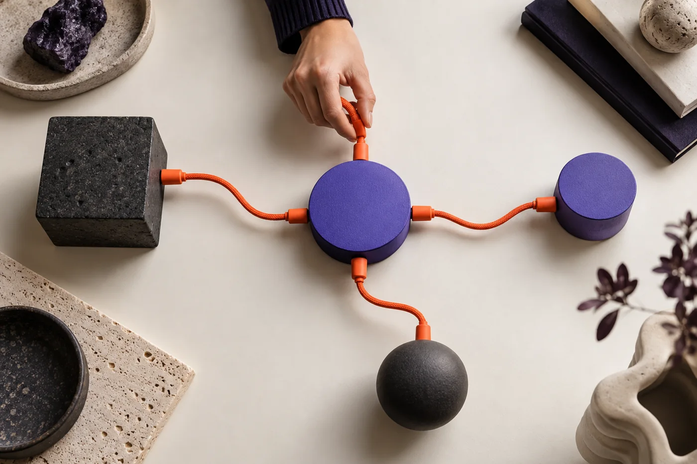 Orange cables connect separate modules to a central violet hub, illustrating integration architecture.