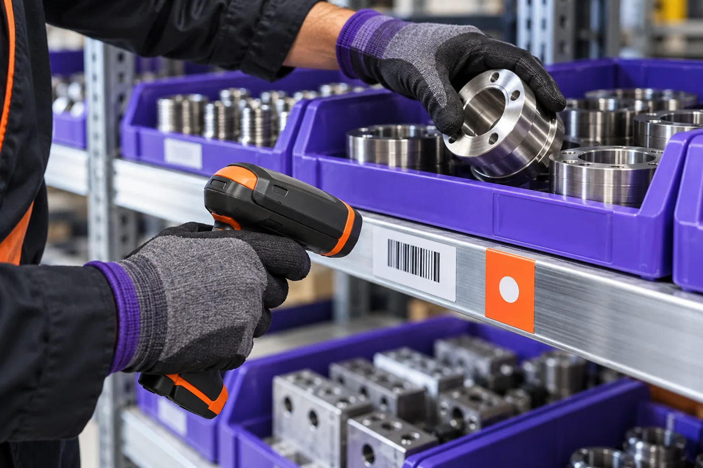 A warehouse worker scans a stock location and selects a component from an organised violet tray.