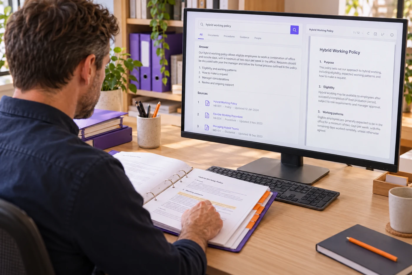 An office colleague verifies an answer against its source document in an illustrative knowledge library.