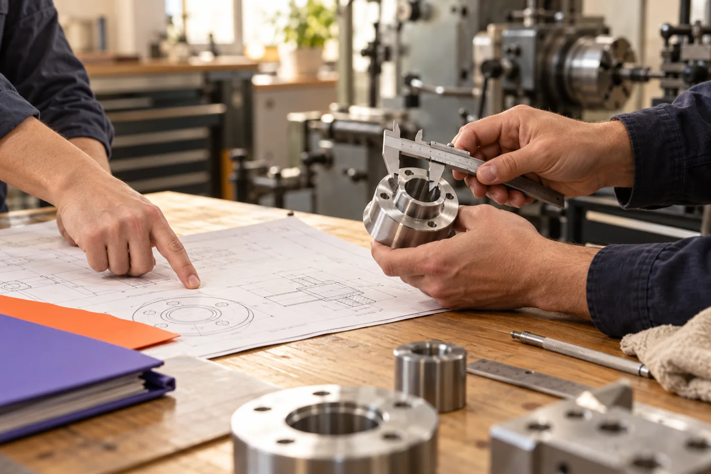 Two colleagues check a component against an engineering drawing.