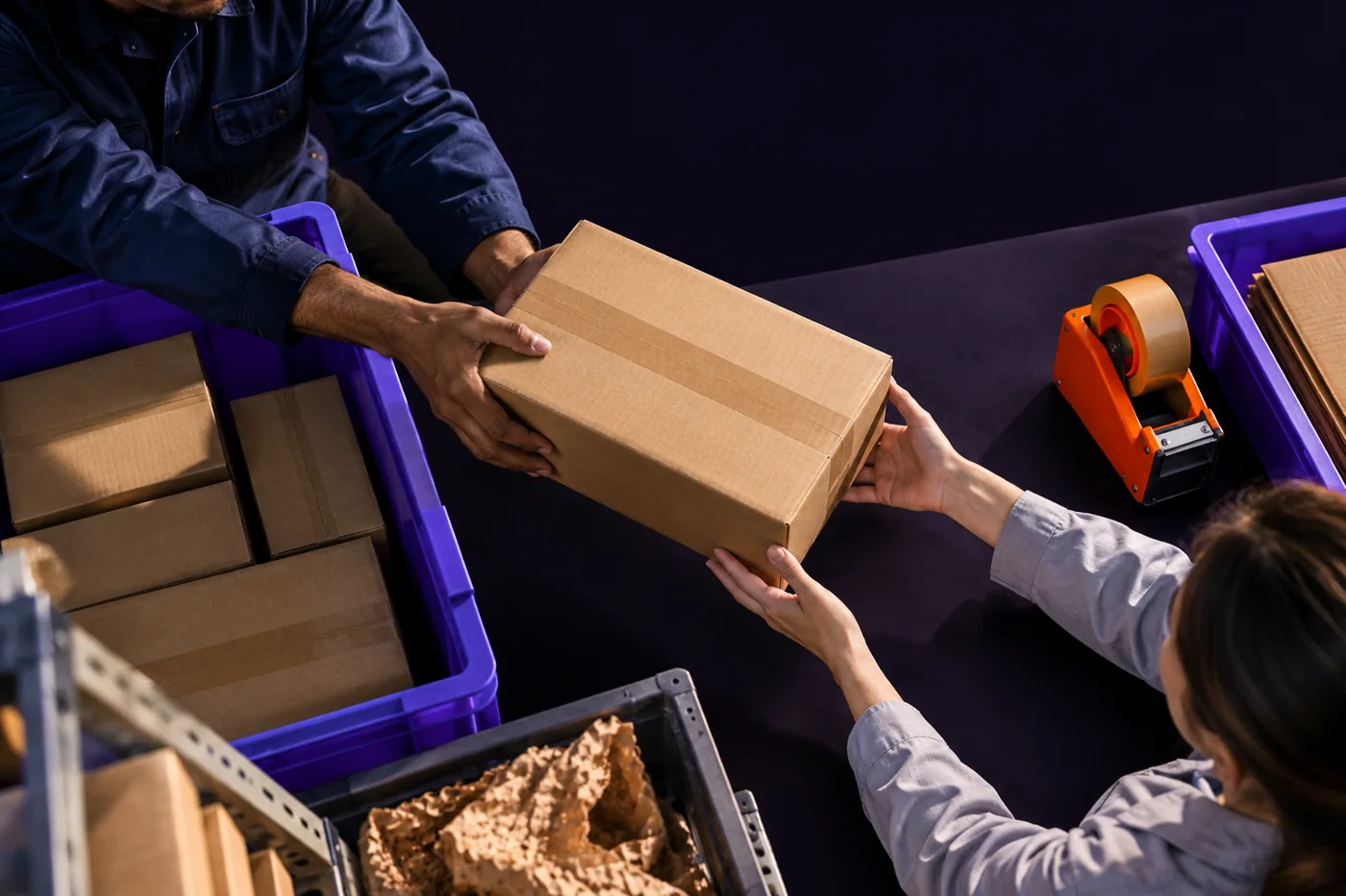 An order passes between two people at a packing workstation.