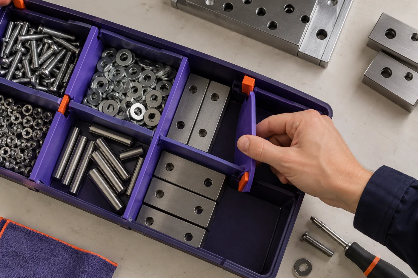 A hand adjusts a divider to organise parts at a workstation.