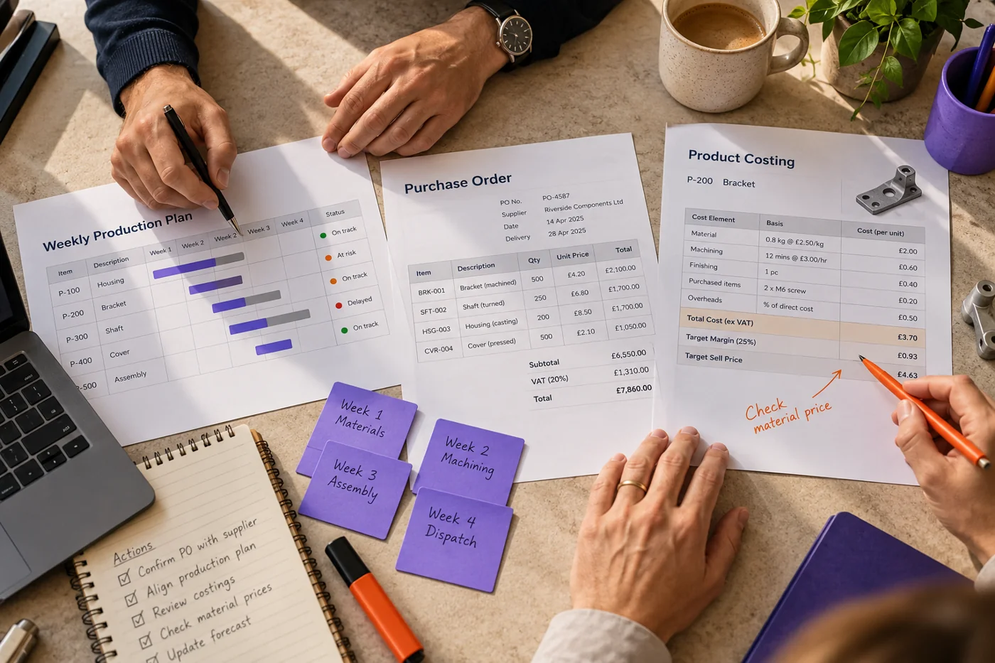 Colleagues review planning, purchasing and costing in one workspace.
