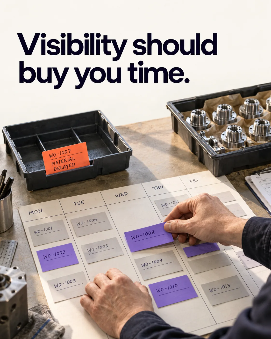 Visibility should buy you time. A planner adjusts work orders in response to a material delay.