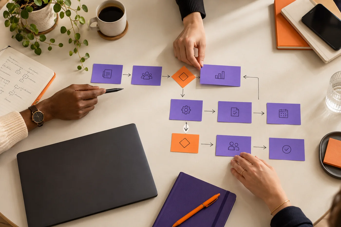 Colleagues map a process using violet activity cards and orange decision cards.