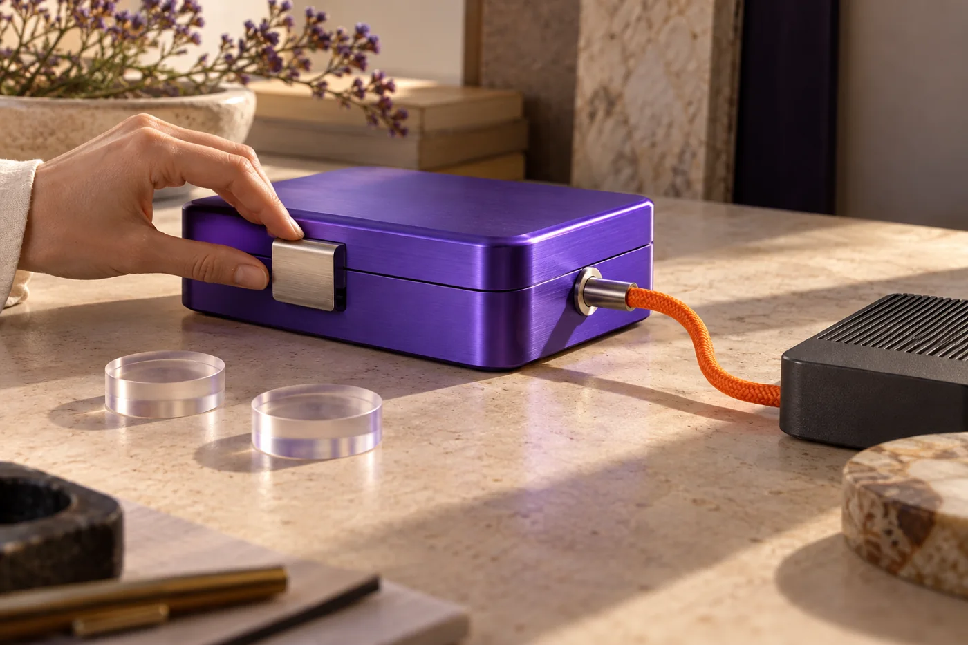 A hand closes a violet case connected to another module, illustrating controlled file exchange.