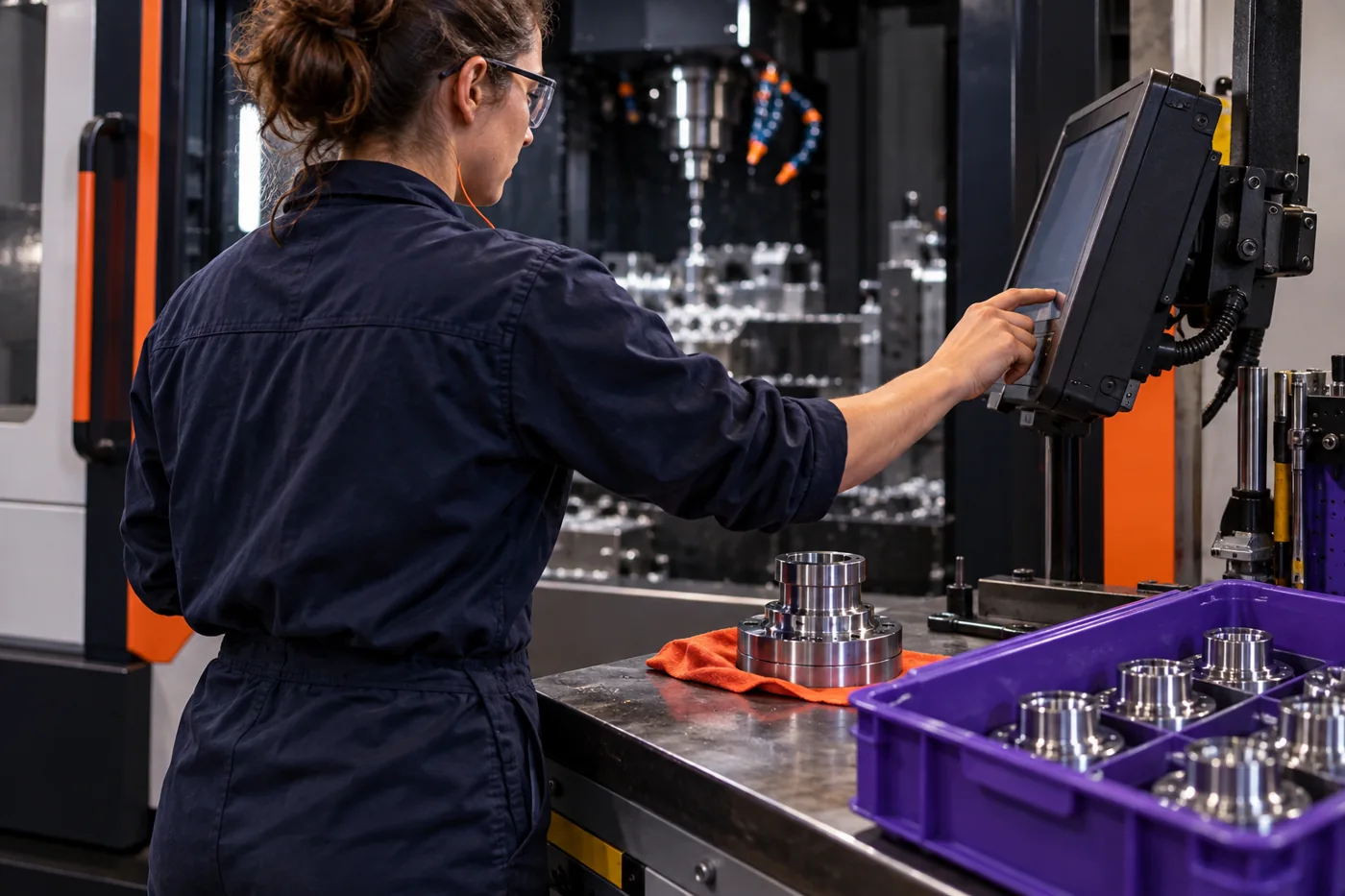 An operator records work at a shop-floor terminal beside a finished component.