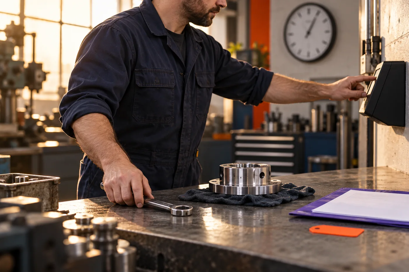 A worker records a completed task at a terminal beside their workbench.