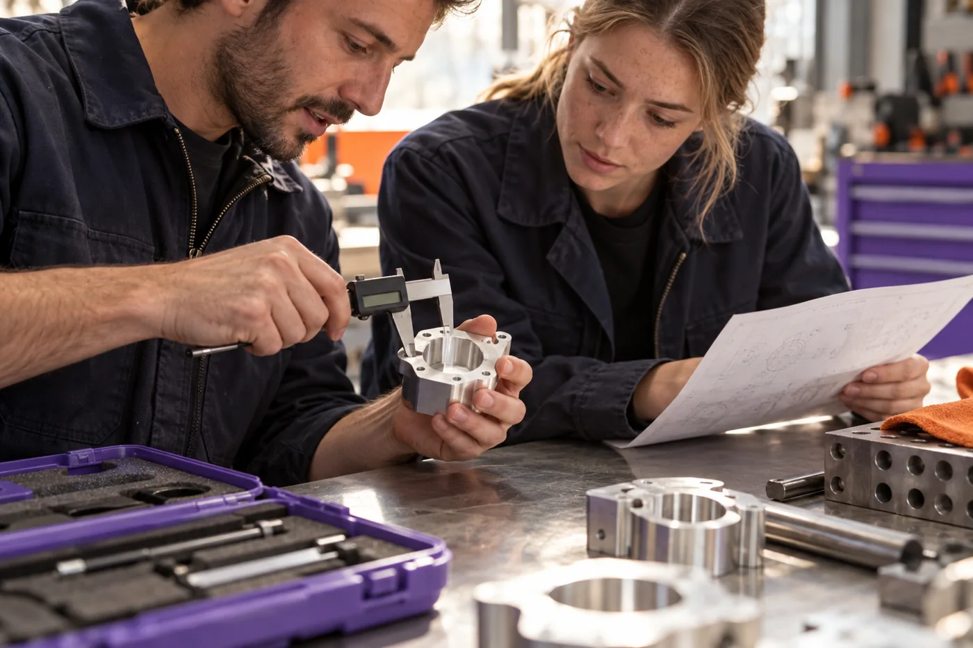 Colleagues practise measuring a component against its drawing.