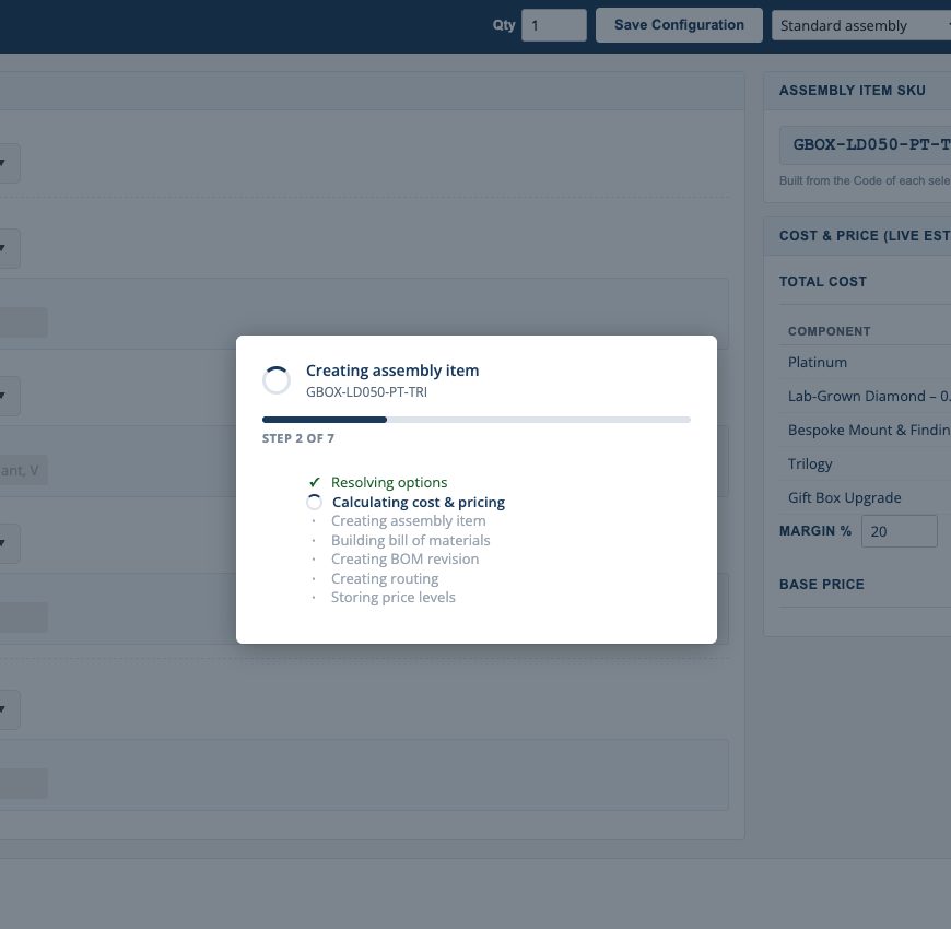 Record creation in progress, showing each stage as NetSuite builds the assembly item, BOM, routing and price levels