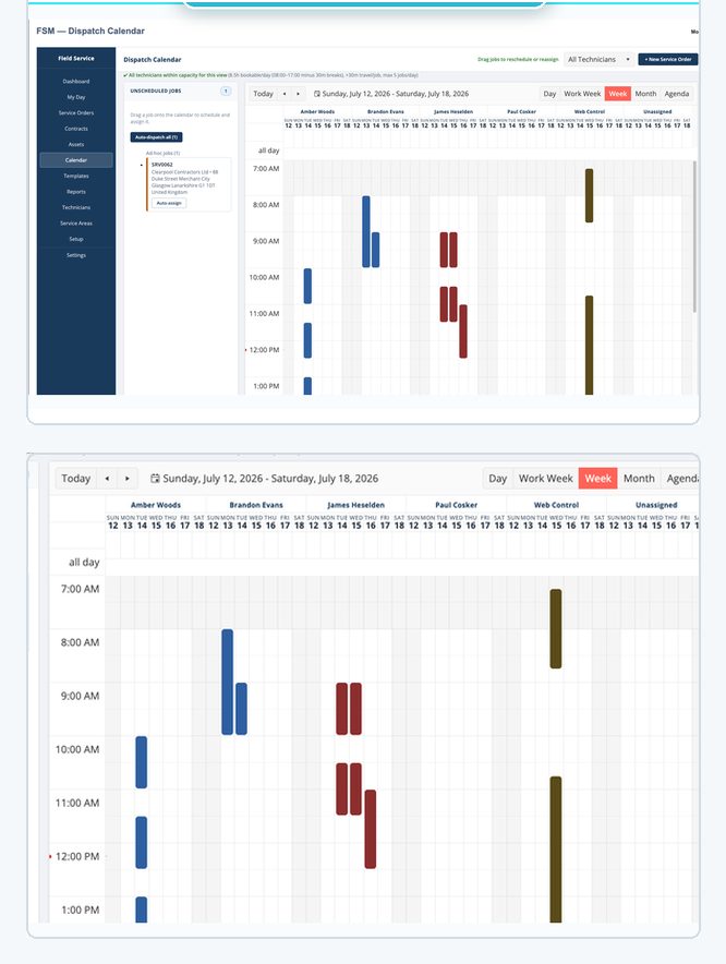 The OneService dispatch calendar in NetSuite showing engineers' scheduled service work
