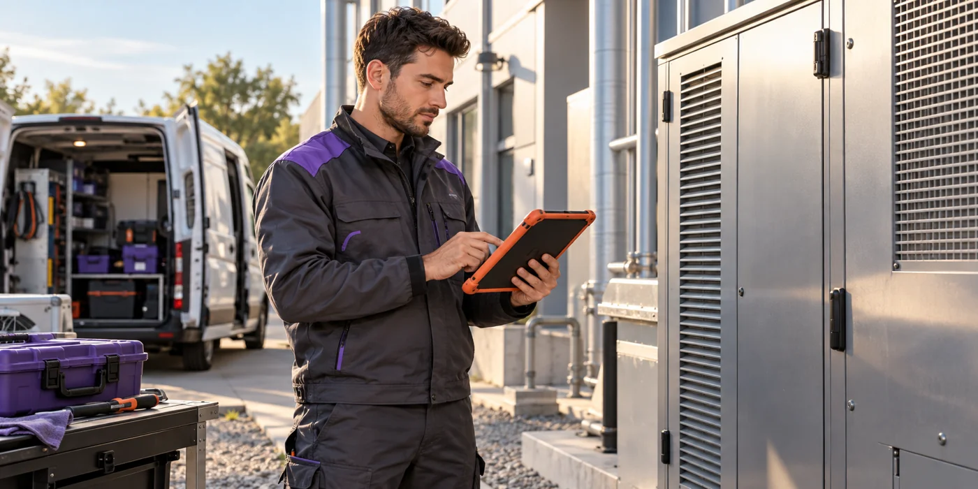 A field service engineer records a visit on an orange tablet beside customer equipment, with a service van and violet tool case nearby.