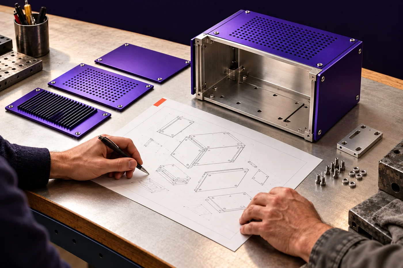An engineer plans a configurable enclosure beside violet metal panels and assembly drawings.