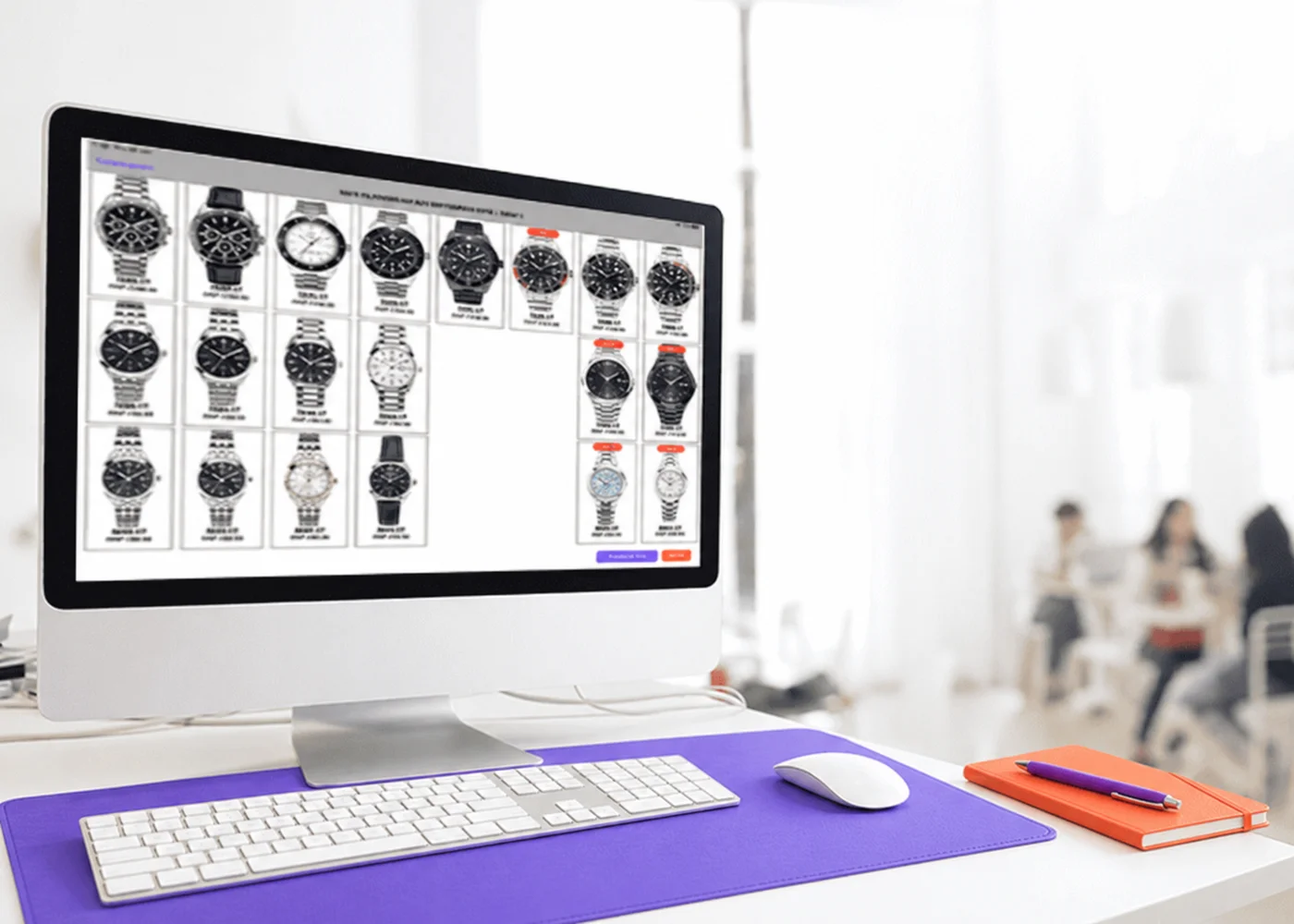 Illustrative webstore product listing on a monitor with violet and orange desk accessories